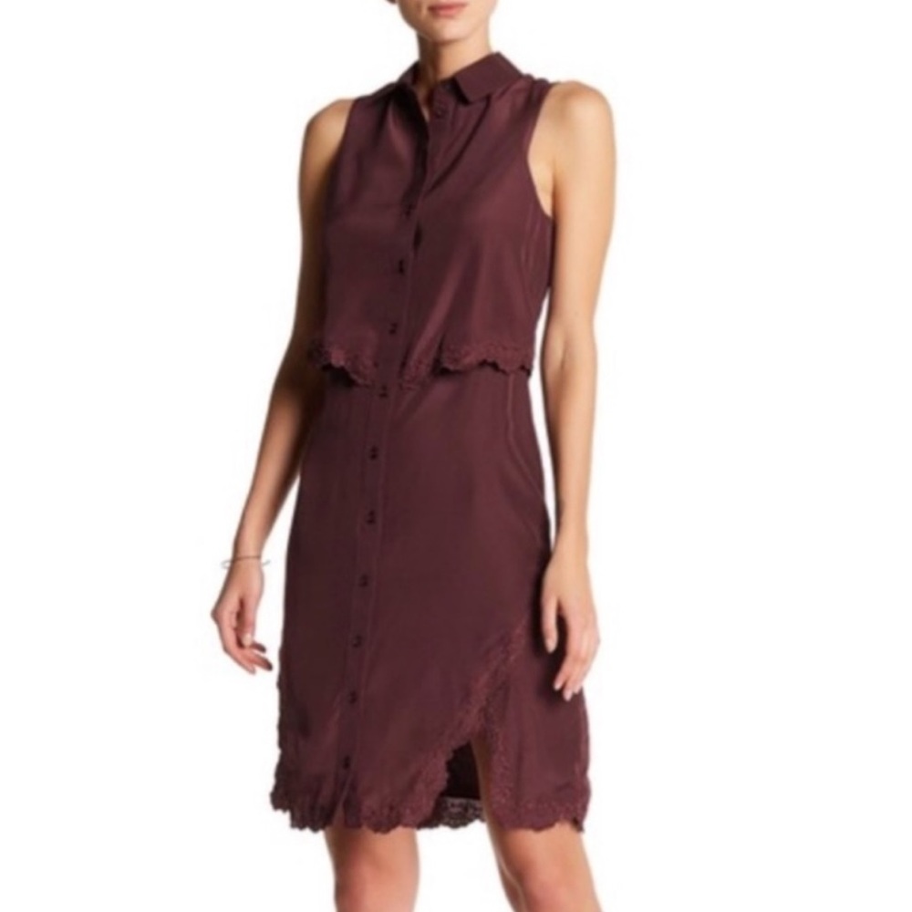 Parker cordovan (burgundy) embroidered lace overlay sleeveless shirtdress, XS